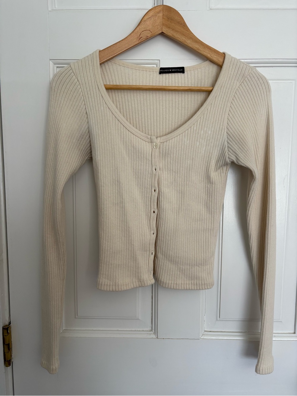 Cream Ribbed Button-Front Scoop Neck Caridgan